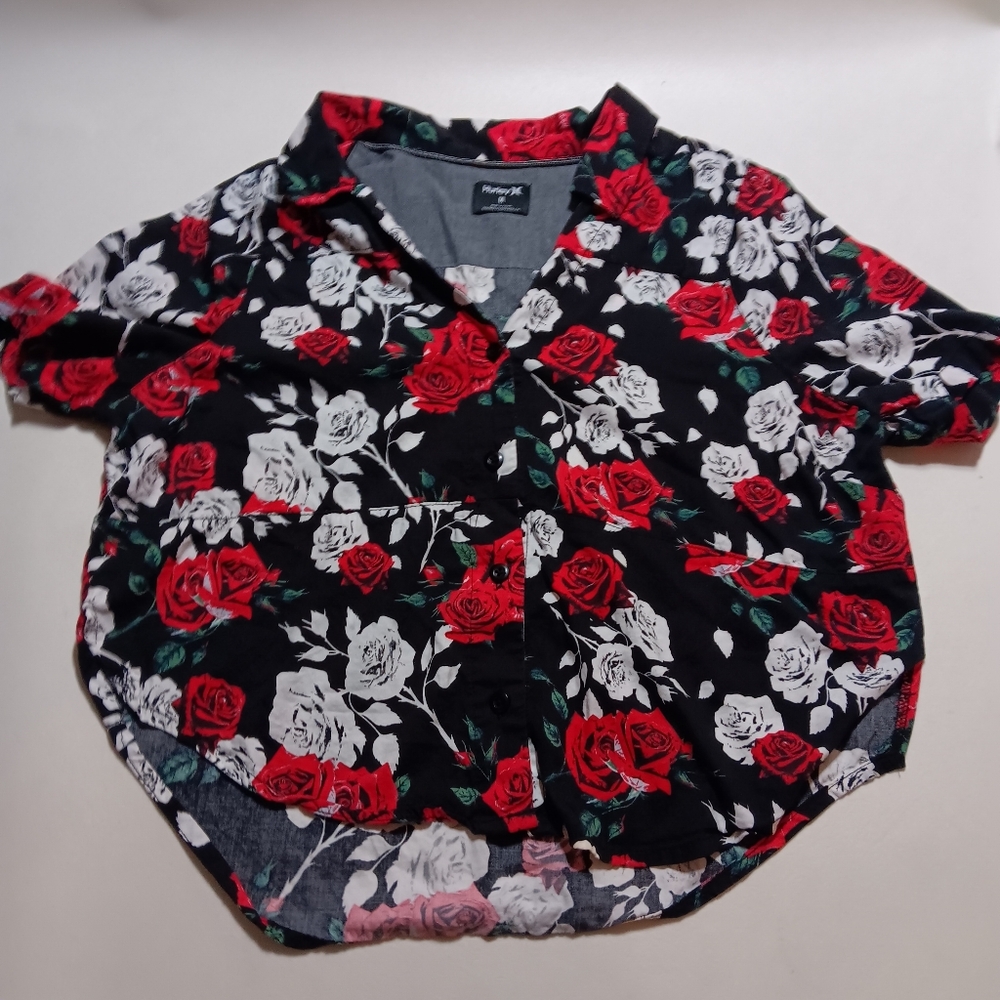 Vintage Hurley Womens Blouse- Floral Black and Red